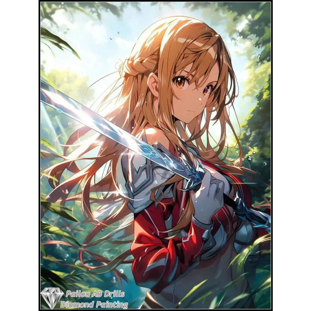 Detailed diamond painting mosaic of young woman in red armor with blonde hair holding glowing sword from sword art online