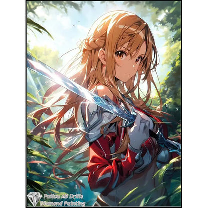 Detailed diamond painting mosaic of young woman in red armor with blonde hair holding glowing sword from sword art online