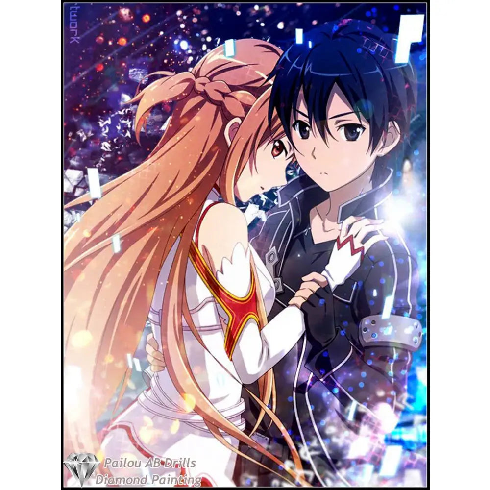 Anime illustration of asuna with long orange hair and kirito in dark jacket in sword art online diamond painting mosaic