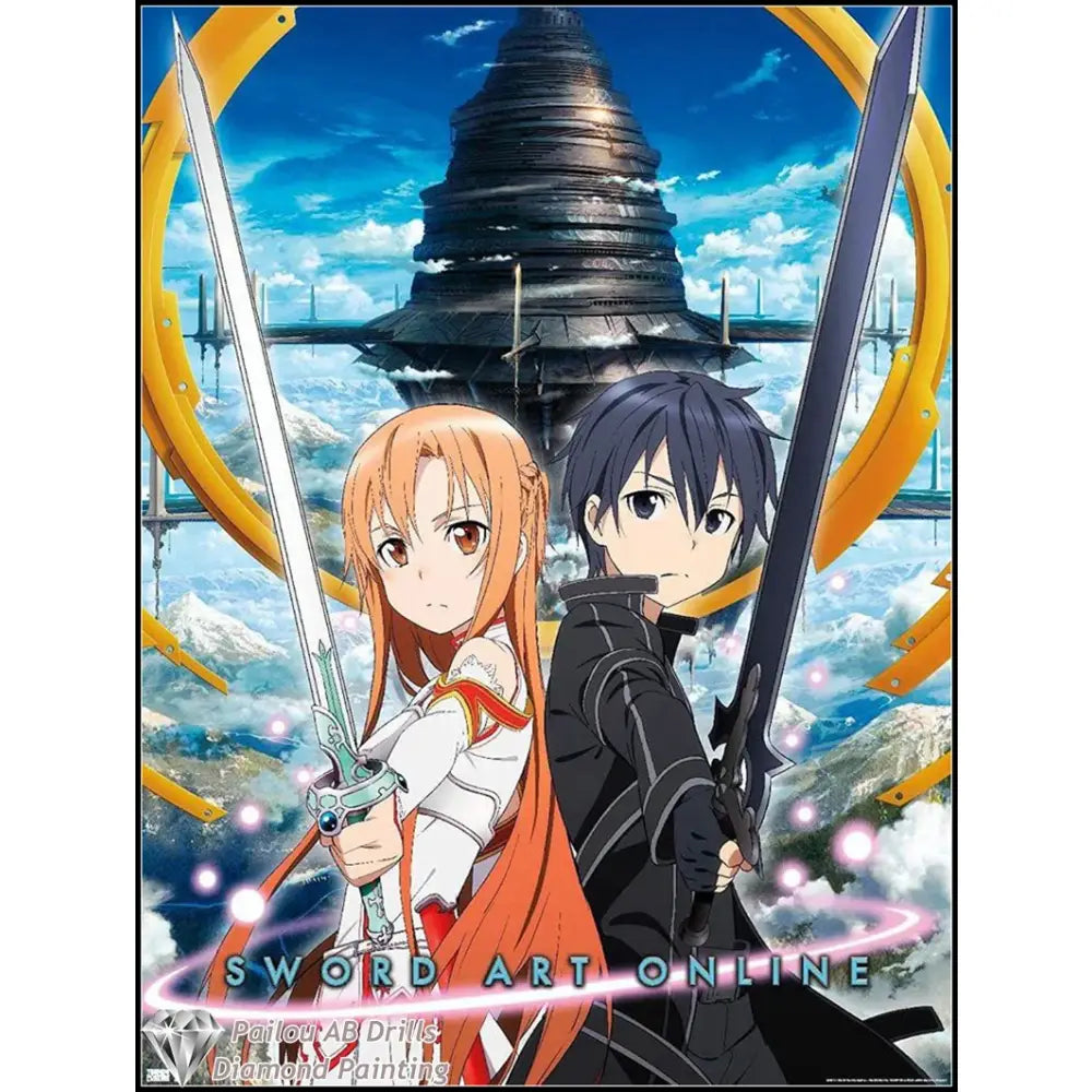 Sword art online asuna and kirito diamond painting mosaic featuring orange-haired girl and dark-haired boy with swords