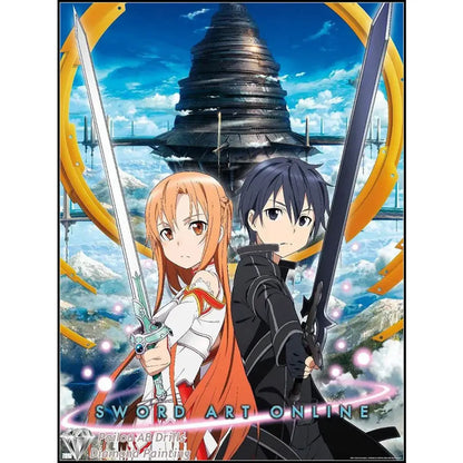 Sword art online asuna and kirito diamond painting mosaic featuring orange-haired girl and dark-haired boy with swords