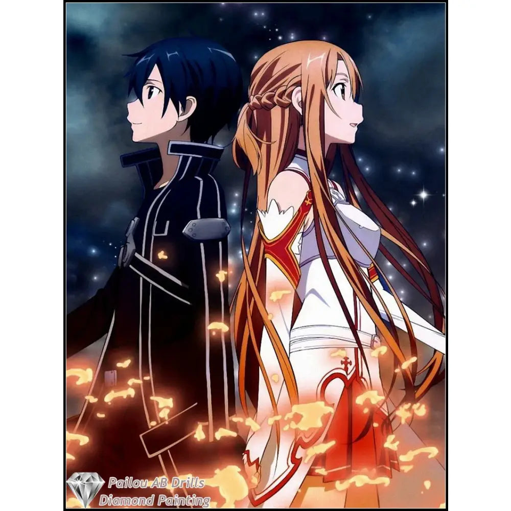 Anime-style diamond painting mosaic of kirito in black coat and asuna in white and red armor from sword art online
