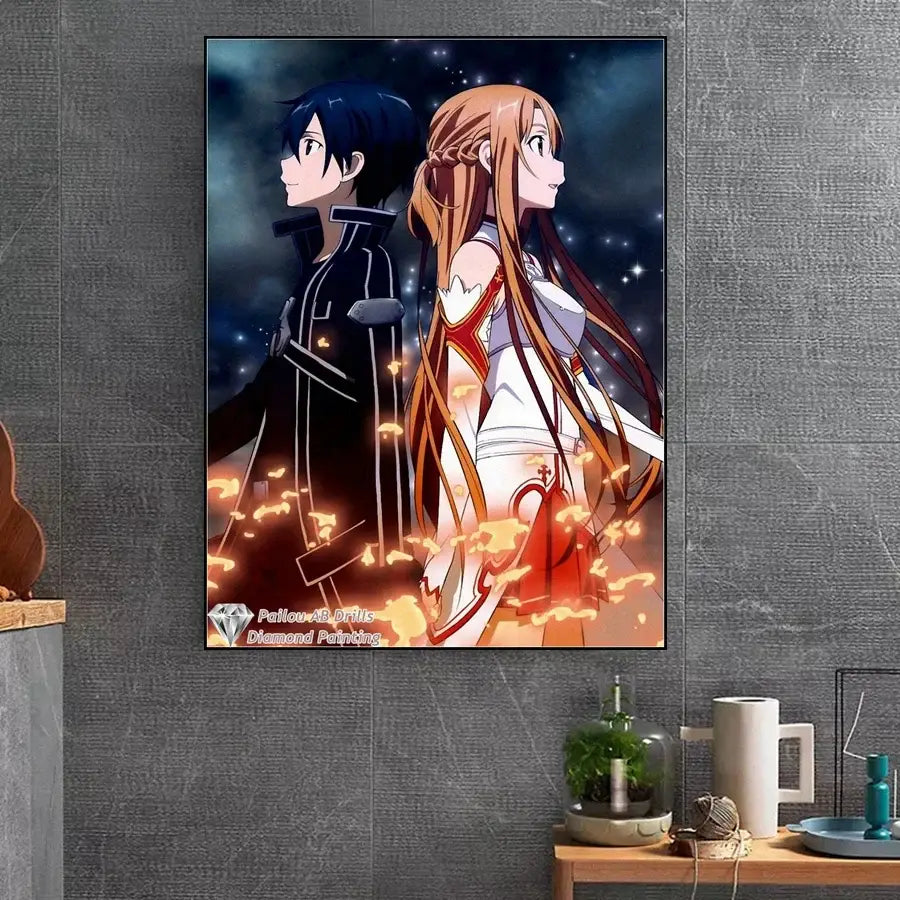 Sword Art Online Asuna and Kirito diamond painting mosaic featuring sparkling orange and white details on a starry night background