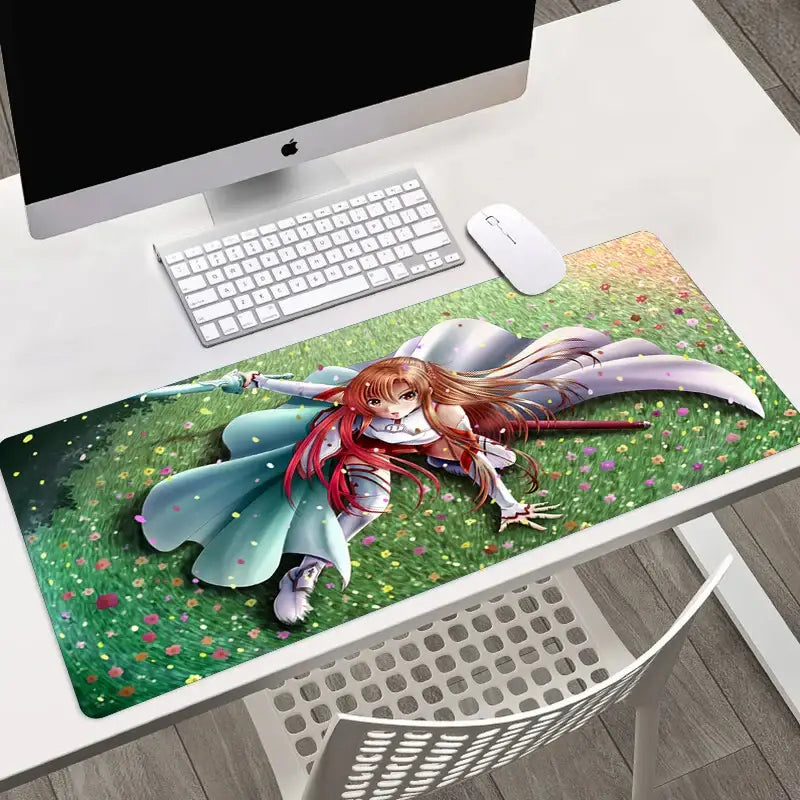 Vibrant green sword art online asuna large mouse pad with hd printed red-haired anime character and colorful flowers design