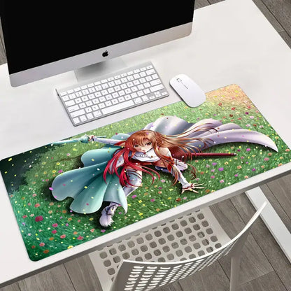 Vibrant green sword art online asuna large mouse pad with hd printed red-haired anime character and colorful flowers design