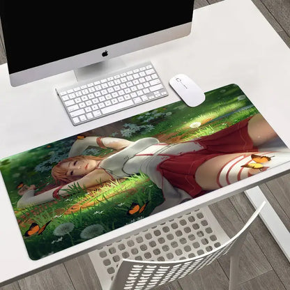 Rectangular glossy sword art online asuna mouse pad with anime girl in red and white lying on grass with butterflies