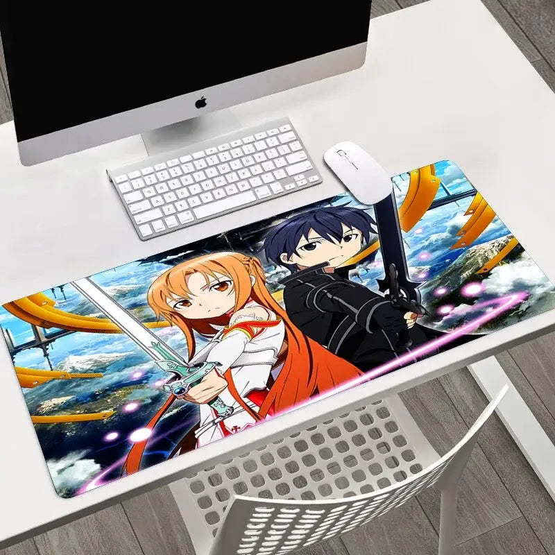 Vibrant sword art online asuna large mouse pad featuring anime characters in white orange and black armor with swords