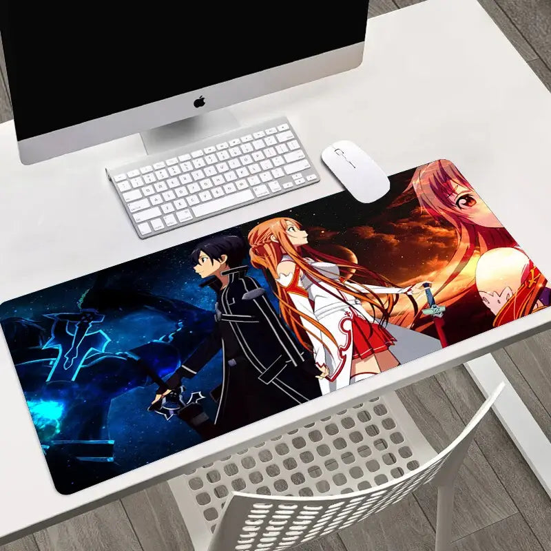 Sword art online asuna large mouse pad with vibrant glowing blue and fiery orange design for gaming use
