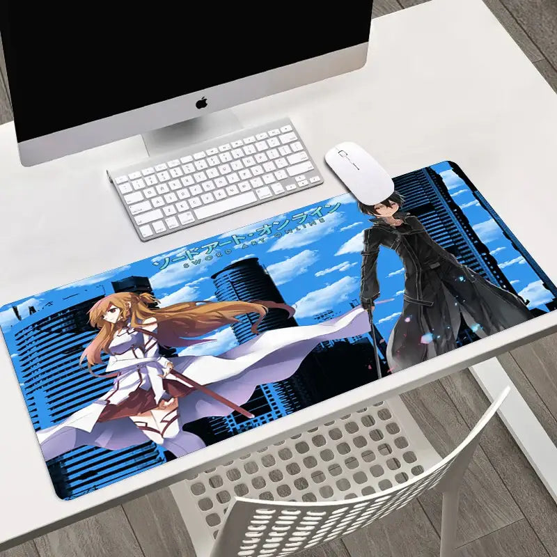 Blue and white sword art online asuna large mouse pad featuring anime characters with a cityscape background