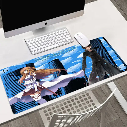 Blue and white sword art online asuna large mouse pad featuring anime characters with a cityscape background