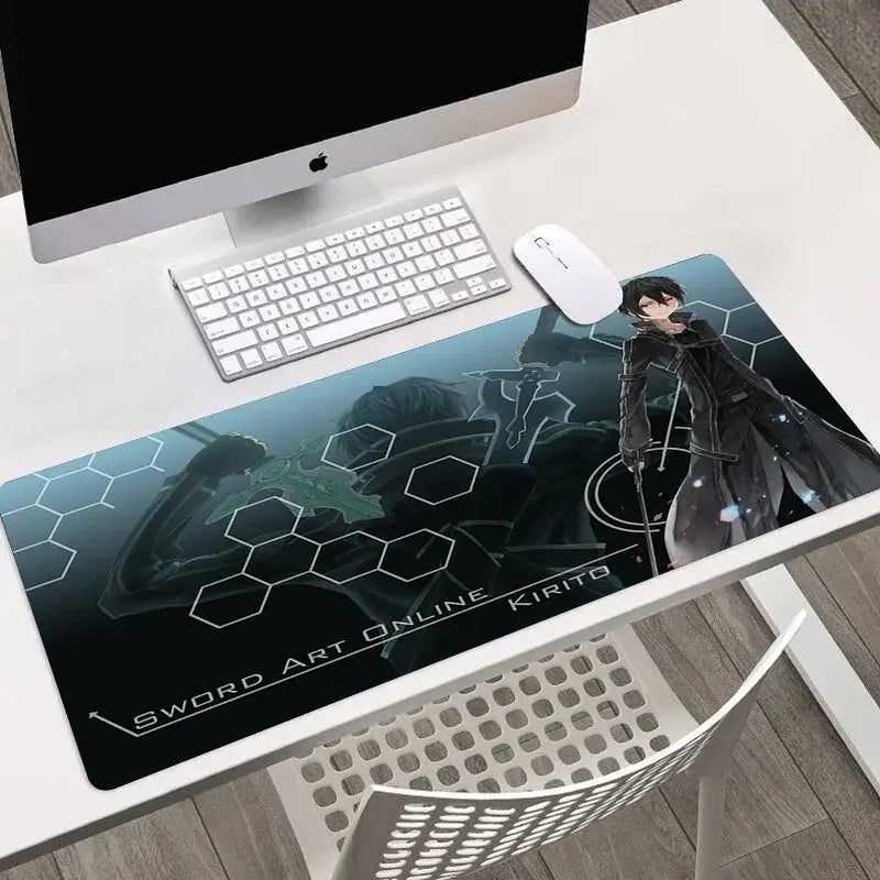 Black and teal sword art online asuna large mouse pad with anime character design and hexagonal patterns for gaming