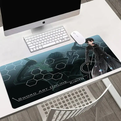 Black and teal sword art online asuna large mouse pad with anime character design and hexagonal patterns for gaming