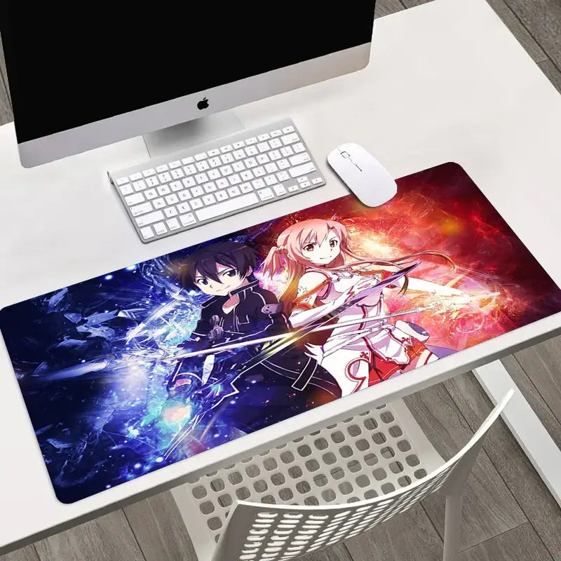 Vibrant sword art online asuna mouse pad with dynamic blue and red energy effects on a glossy gaming surface
