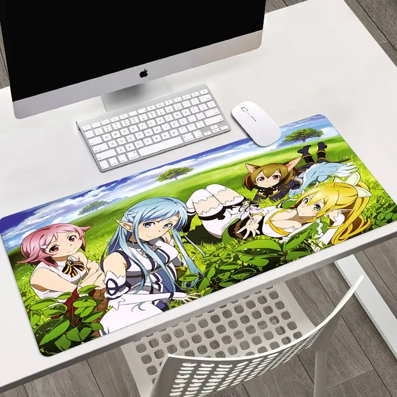 Long rectangular sword art online asuna mouse pad with vibrant anime characters in a colorful grassy field design