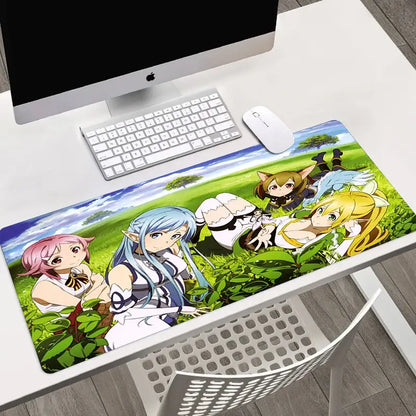 Long rectangular sword art online asuna mouse pad with vibrant anime characters in a colorful grassy field design