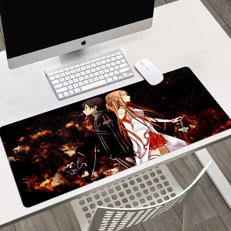 Sword Art Online Asuna large gaming mouse pad with anime characters on fiery cosmic background in HD print