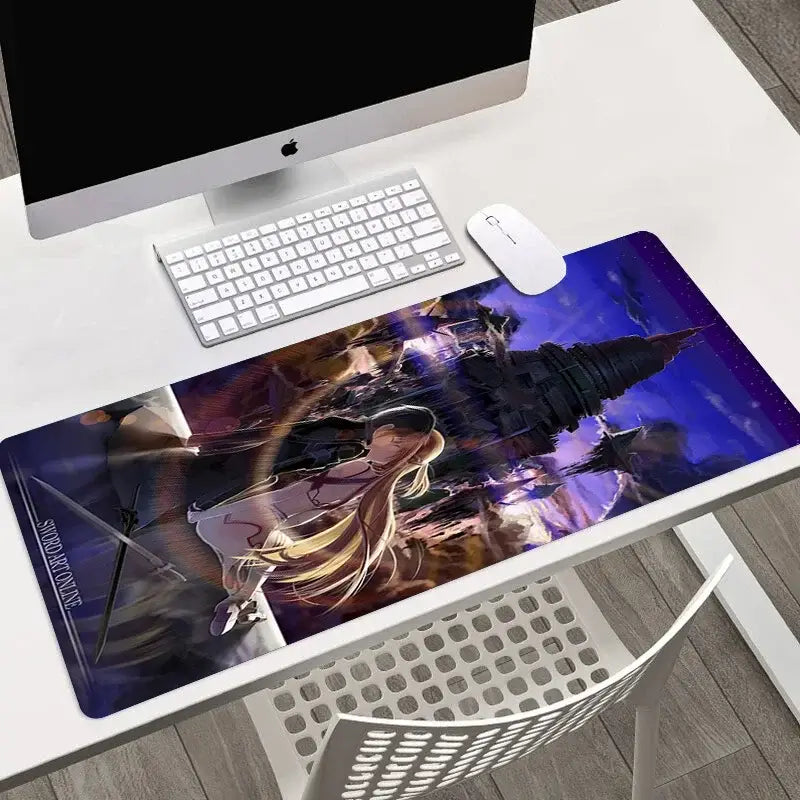 Sword art online asuna large mouse pad featuring a vibrant anime blonde character in front of a dark castle under purple sky