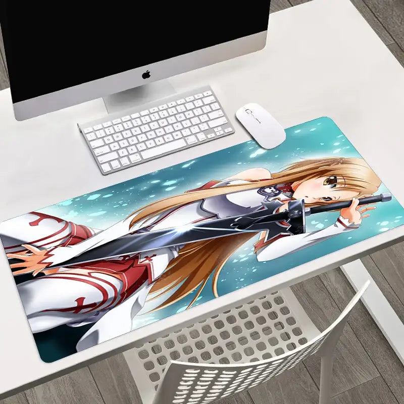 Long rectangular sword art online asuna large mouse pad with blonde anime character holding sword on teal background