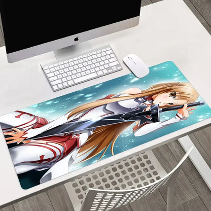 Long rectangular sword art online asuna large mouse pad with blonde anime character holding sword on teal background
