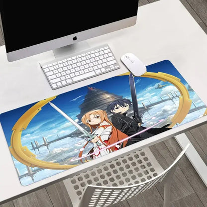 Blue and gold sword art online asuna large mouse pad featuring hd printed anime characters for gaming use