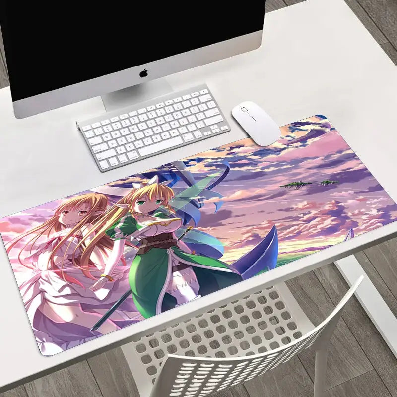 Vibrant sword art online asuna large mouse pad with anime characters against pink and purple sky clouds design