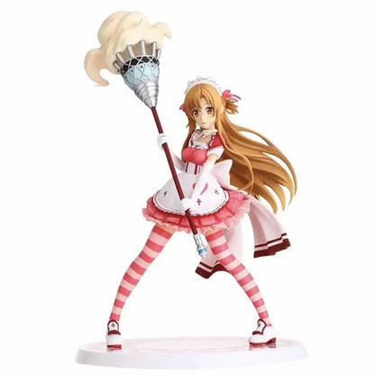 A detailed sword art online asuna pvc figure in pink and white maid outfit with striped stockings holding a decorative torch