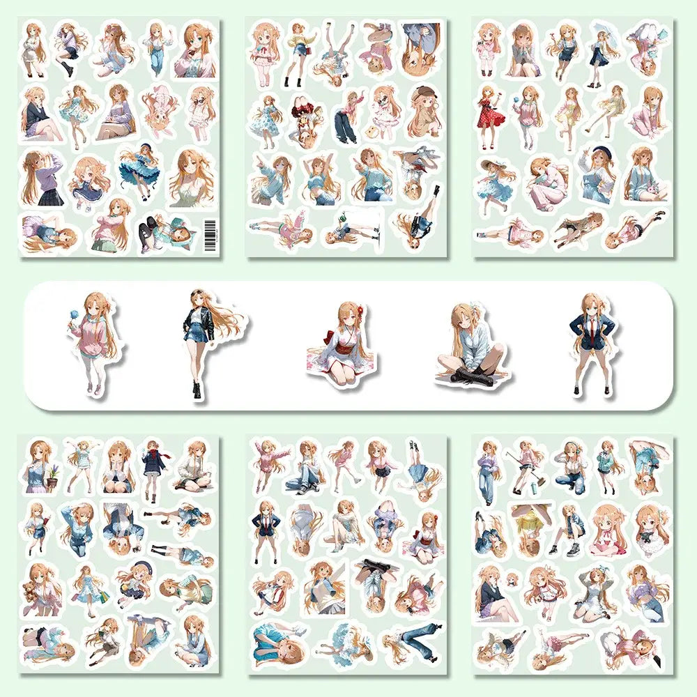 A sword art online heroine sticker pack featuring waterproof anime-style blonde girl stickers in various poses and outfits