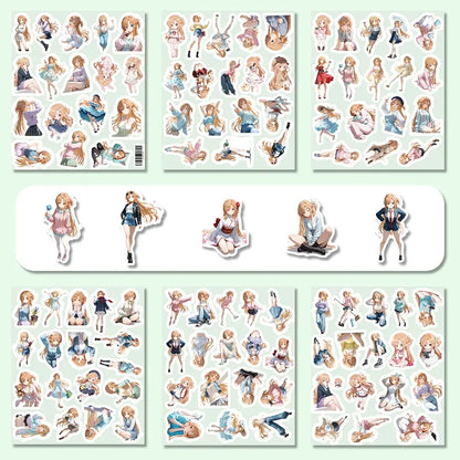 A sword art online heroine sticker pack featuring waterproof anime-style blonde girl stickers in various poses and outfits