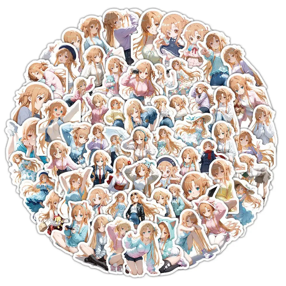 A colorful sword art online heroine sticker pack featuring anime-style blonde character designs in various outfits and poses