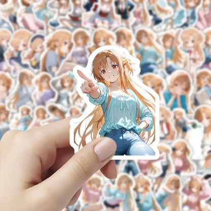 A hand holds a white-bordered sword art online heroine sticker from the sword art online waterproof sticker pack