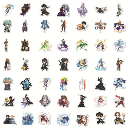 A collection of colorful glossy kirigaya kazuto sticker decals featuring characters from sword art online and other anime series