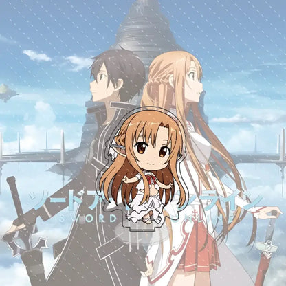 Chibi asuna acrylic charm with long brown hair white dress and red ribbon details part of sword art online kirito acrylic stand