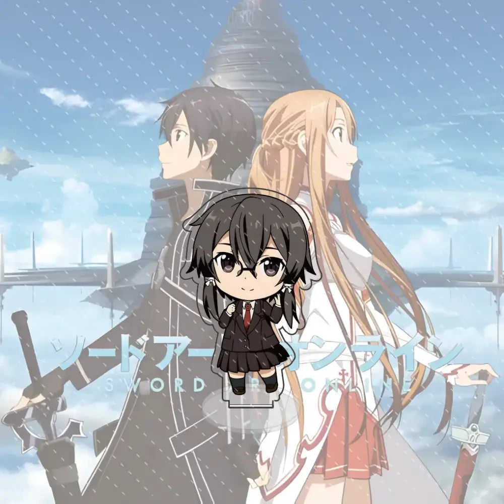 Chibi-style black-haired girl pin with glasses in dark school uniform on clear acrylic base sword art online kirito acrylic stand