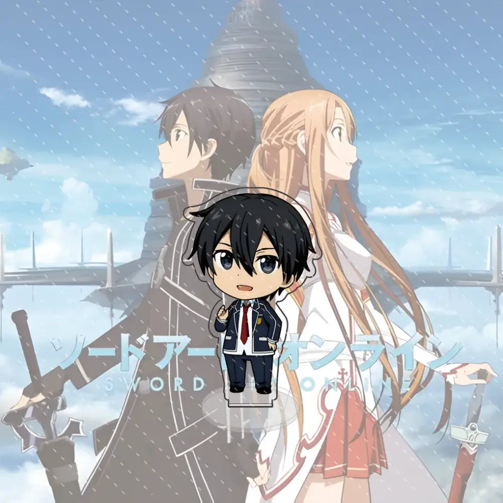 Chibi style kirito acrylic stand in navy blue school uniform with red tie sword art online collectible 10cm acrylic