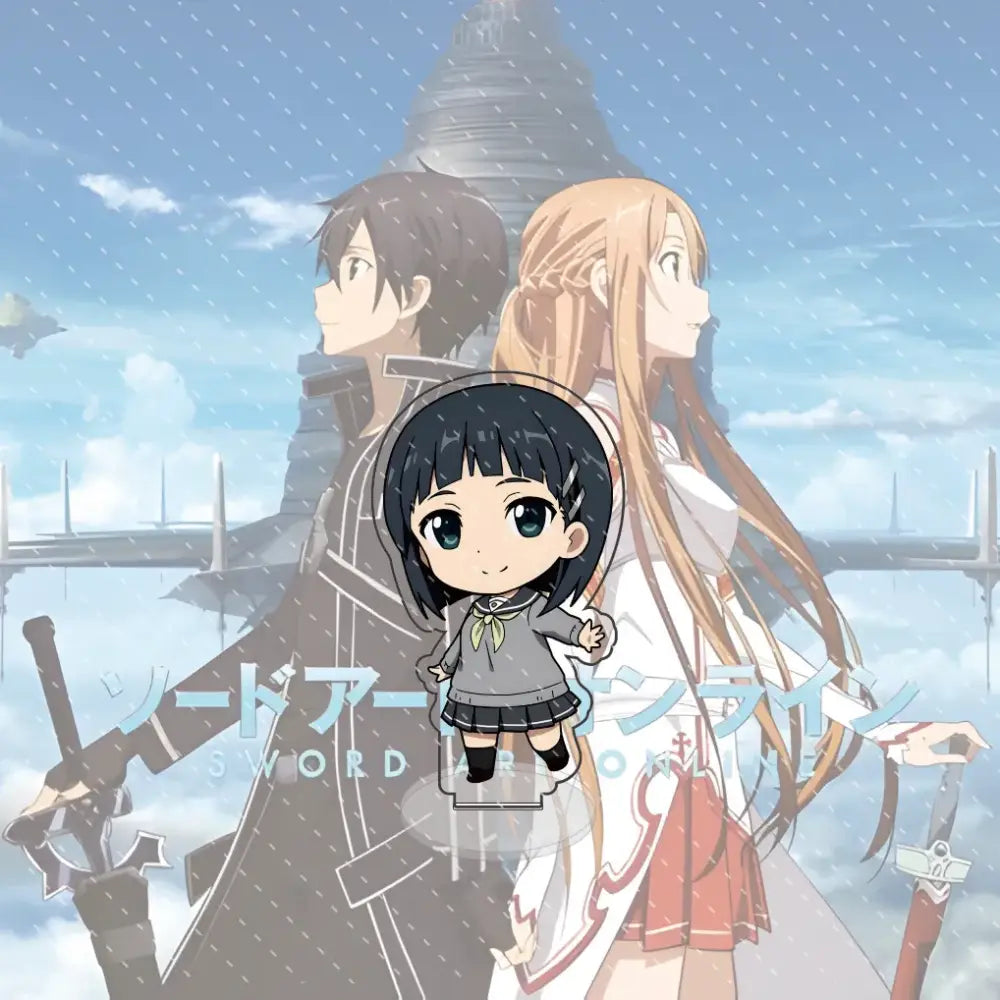 Chibi-style sword art online kirito acrylic stand featuring black-haired girl in gray uniform with green bow 10cm acrylic