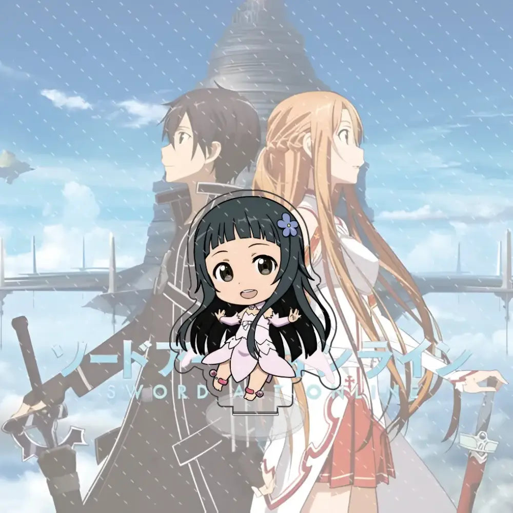 Chibi-style sword art online kirito acrylic stand with long black hair, purple flower accessory, and light pink dress, 10cm