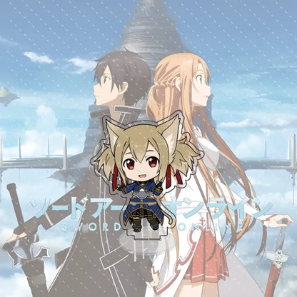 A chibi style sword art online kirito acrylic stand featuring a fox eared character in blue and black armor with red accents