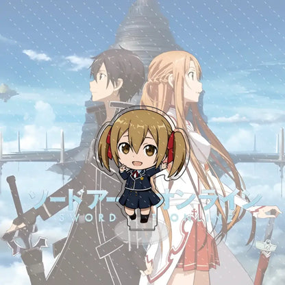 Chibi-style asuna acrylic standee in navy blue school uniform with red ribbons for sword art online kirito acrylic stand 10cm