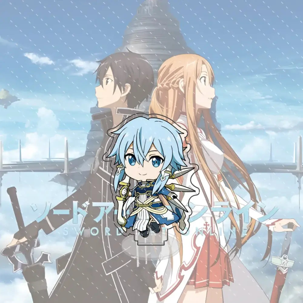 Blue-haired chibi kirito acrylic stand keychain with silver and gold accents in detailed fantasy sword art online outfit