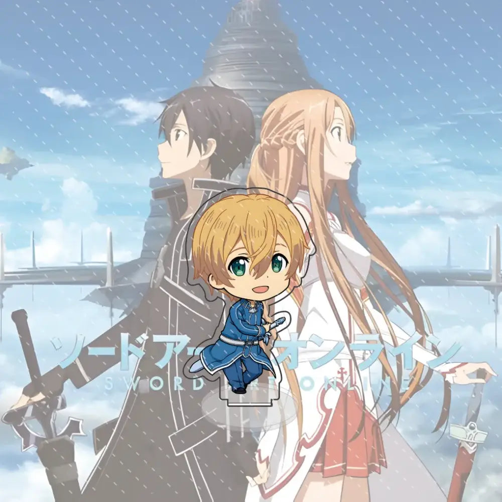 Blue chibi kirito acrylic stand keychain featuring smiling boy in detailed blue outfit with green eyes from sword art online
