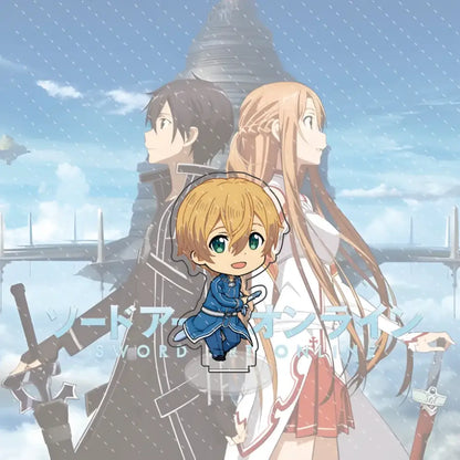 Blue chibi kirito acrylic stand keychain featuring smiling boy in detailed blue outfit with green eyes from sword art online