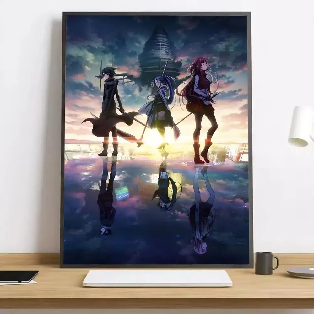 A sword art online asuna canvas poster with three characters on a reflective surface in vibrant colors and black frame