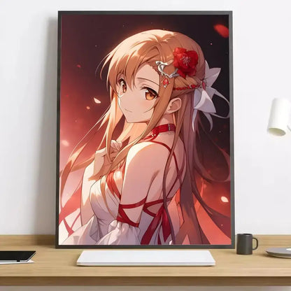 Framed sword art online asuna canvas poster featuring asuna with long blonde hair in white and red outfit on warm background