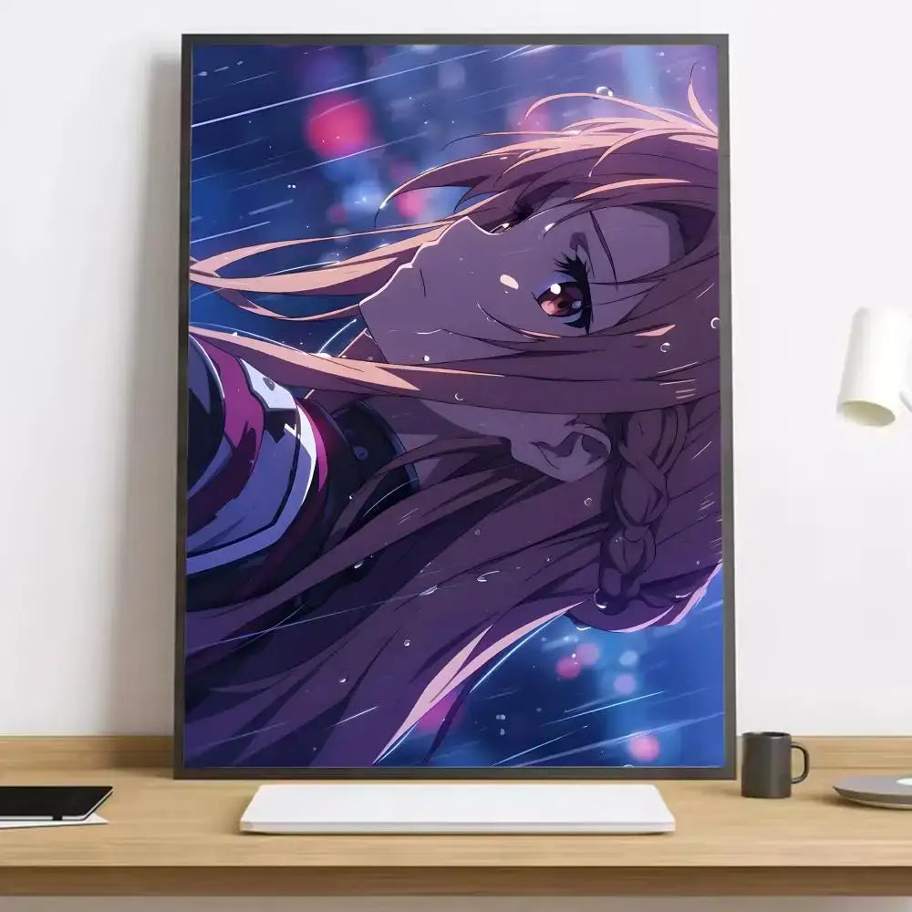 A framed sword art online asuna canvas poster with a character featuring long purple hair and glowing red eyes on blue background