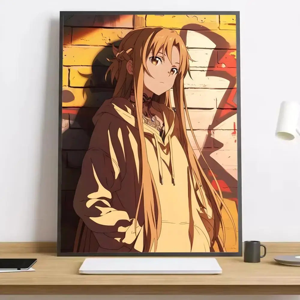 A sword art online asuna canvas poster featuring an anime character with blonde hair in a brown hoodie on brick wall