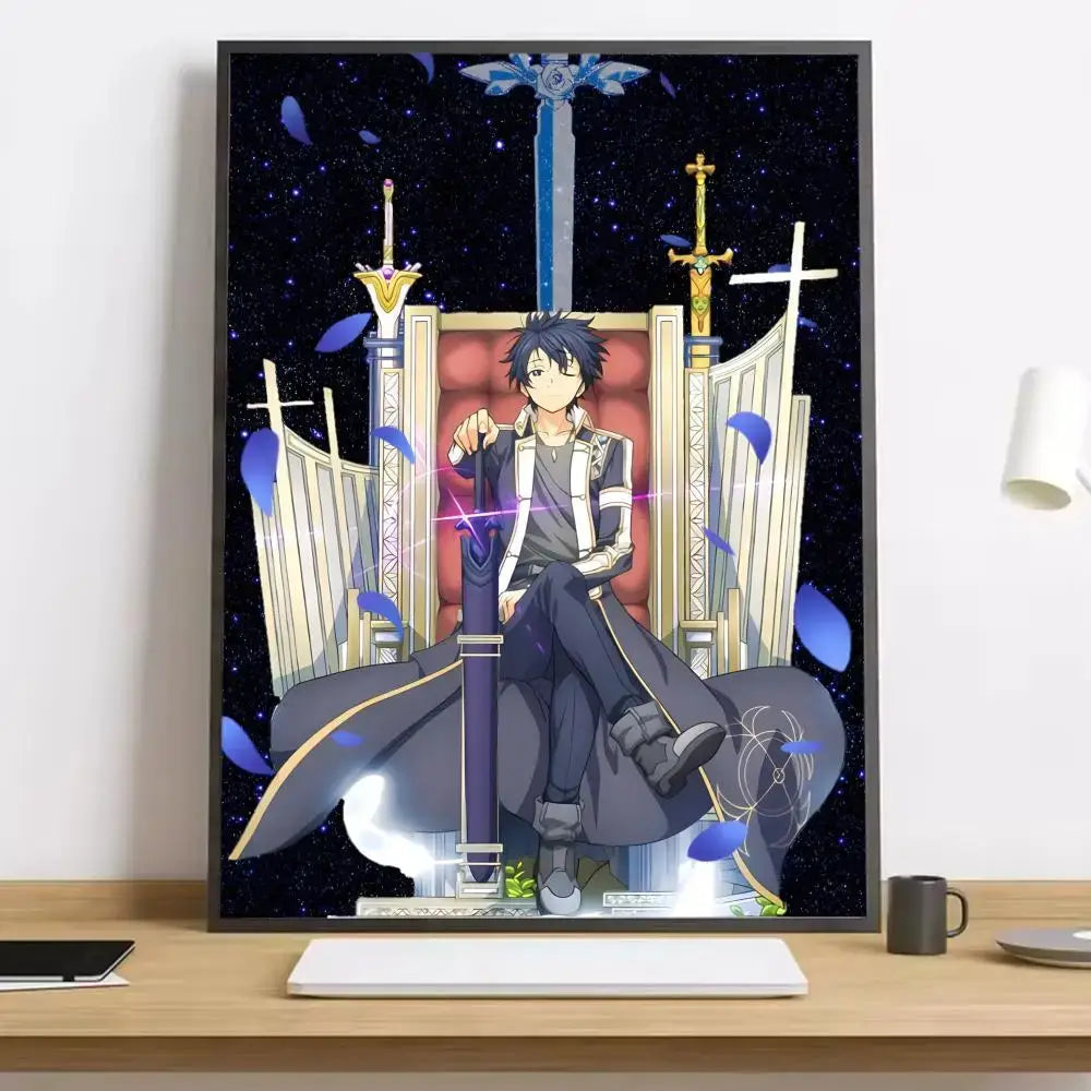 Black-framed sword art online asuna canvas poster featuring kirito seated on throne with swords against starry sky