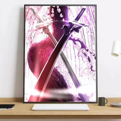 A sword art online asuna canvas poster featuring two crossed swords with pink cherry blossoms in vibrant purple and red hues