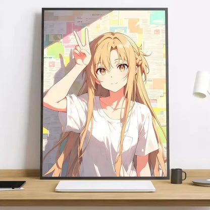 A framed sword art online asuna canvas poster featuring a blonde character in a white t-shirt making a peace sign