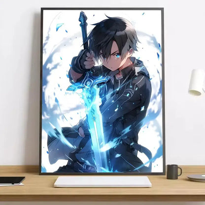 A framed sword art online asuna canvas poster featuring kirito in dark attire with a glowing blue sword and light effects
