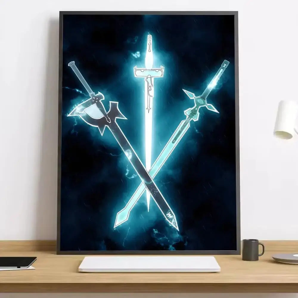 A sword art online asuna canvas poster featuring three glowing blue swords crossed on a dark cosmic background